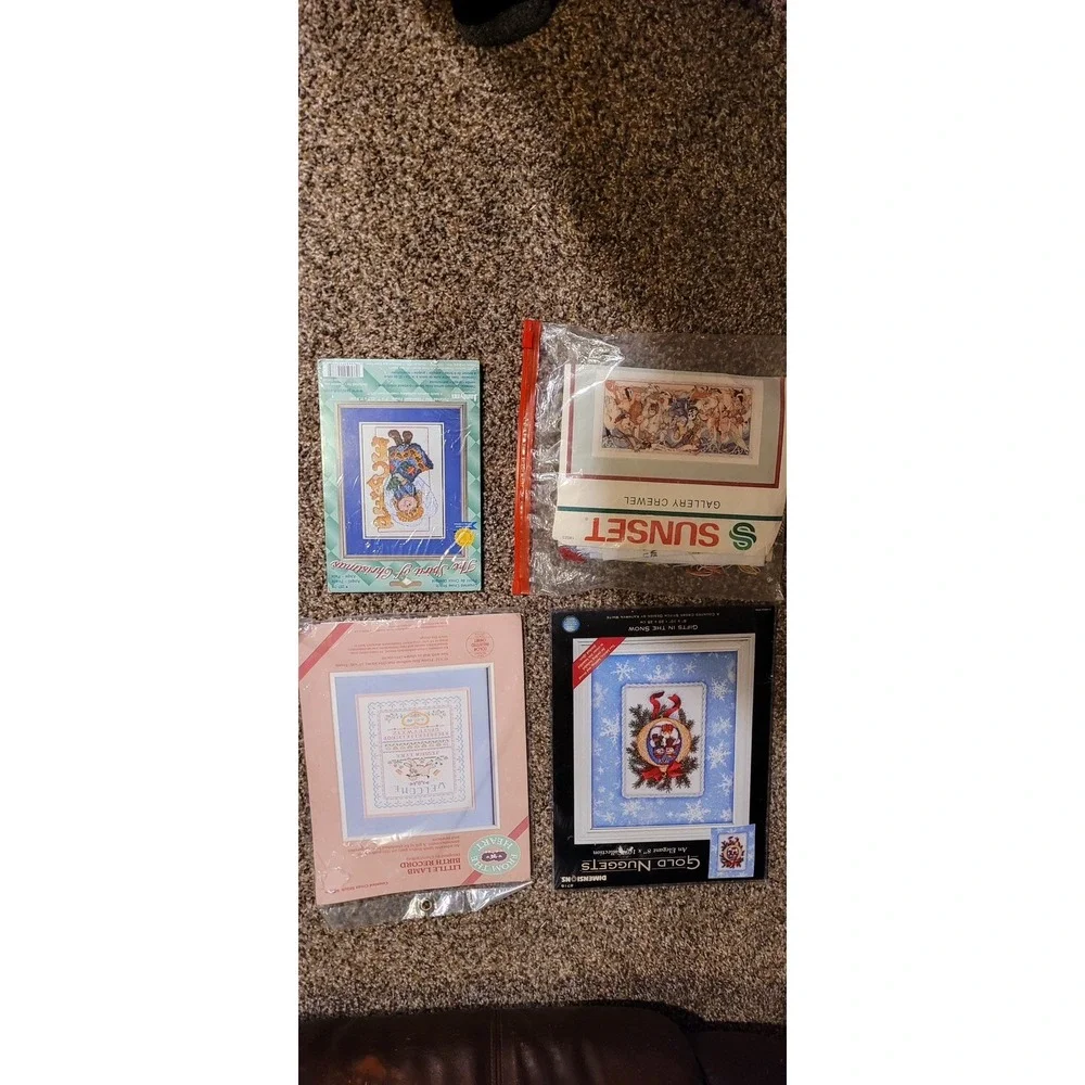 Vintage Needlecraft Kit Lot (4) Christmas Cross Stitch &‎ Crewel Samplers NOS